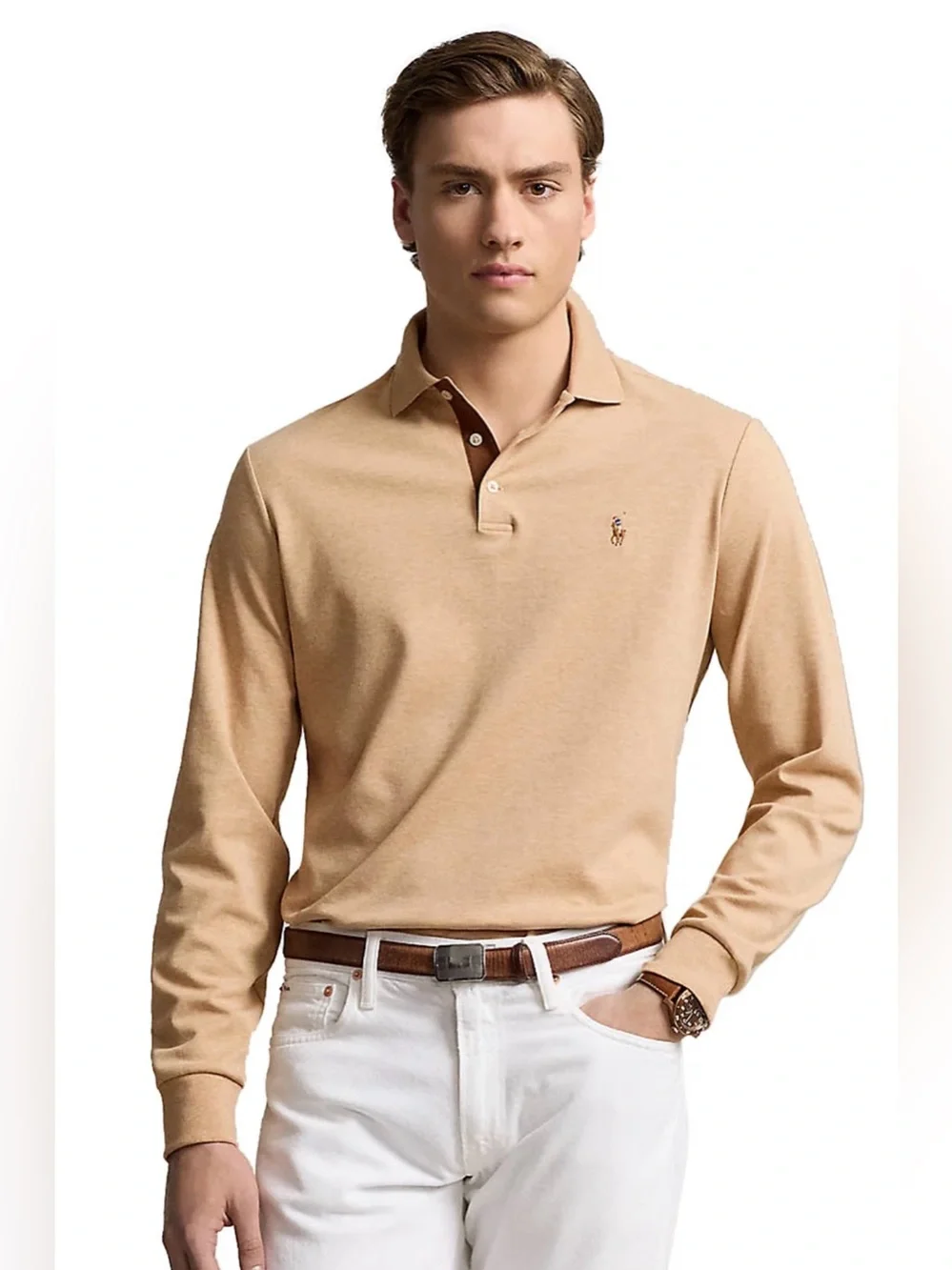 NWT Polo Ralph Lauren CAMEL TAN Soft Cotton Long Sleeve Collared Polo Shirt